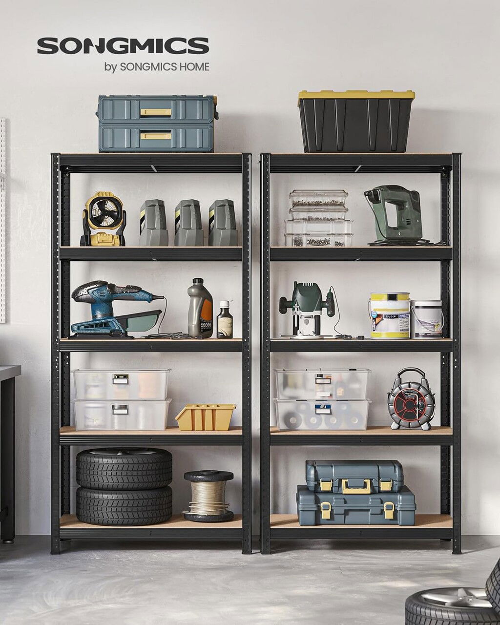 Set 2 rafturi modulare pentru depozitare, Songmics Heavy-Duty, max 875 kg, 90x40x180 cm, MDF/otel, negru