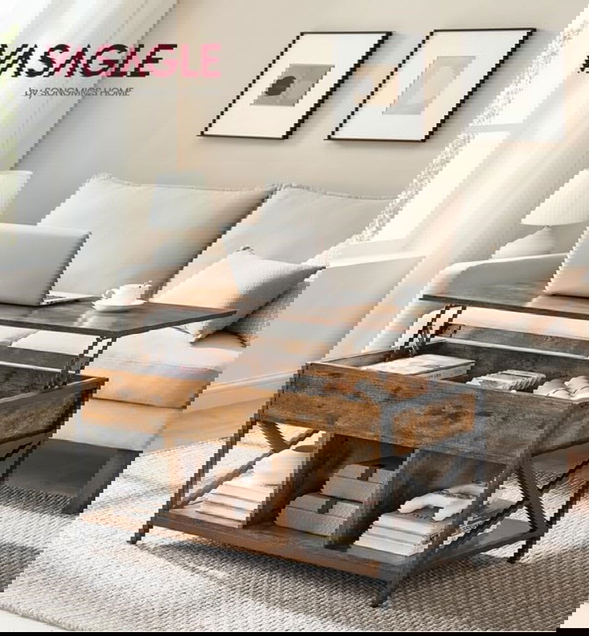 Masuta de cafea cu blat rabatabil, Vasagle Lift Top, 100x50x49-62 cm, PAL/otel, maro