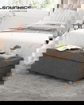 Bancheta cu spatiu de depozitare, Songmics, 110x38x40 cm, max 300 kg, MDF/imitatie de in, gri
