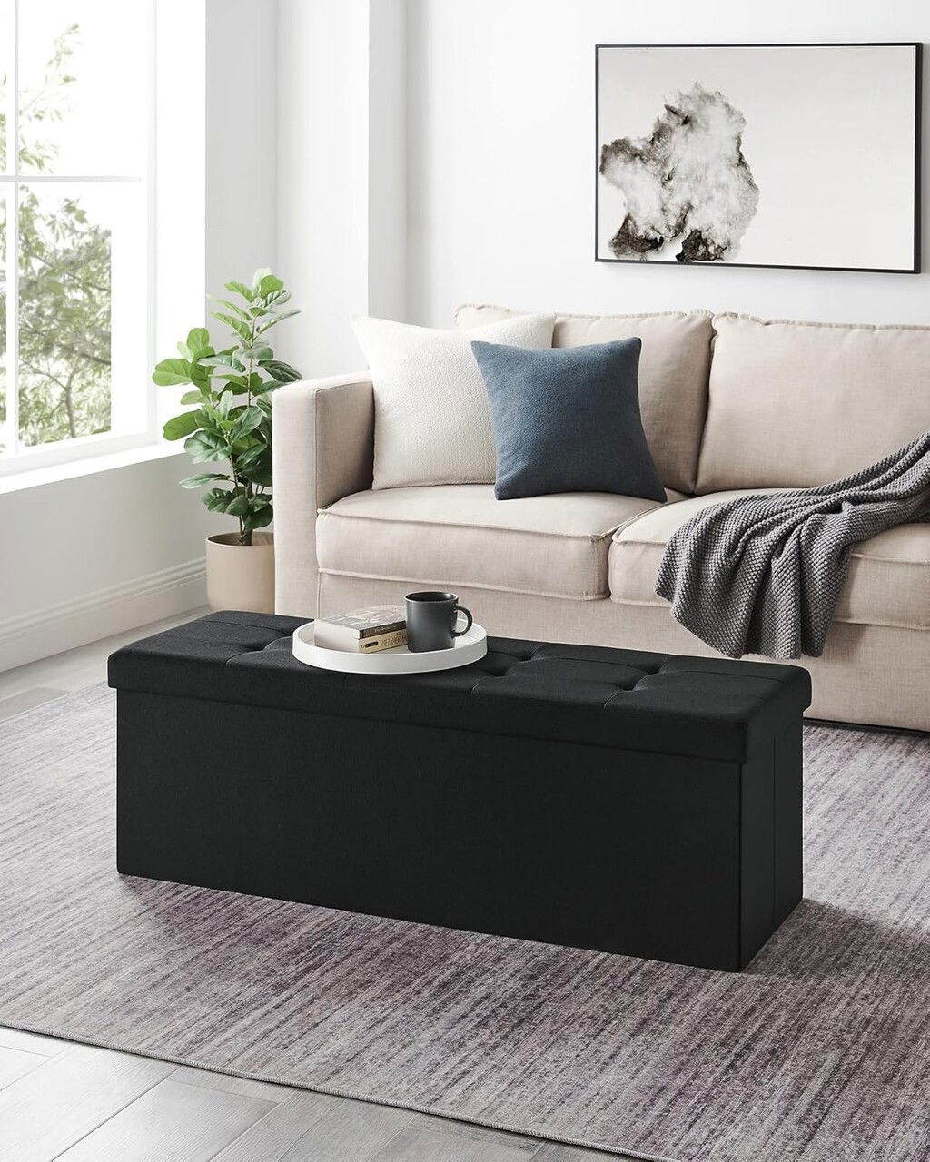 Bancheta cu spatiu de depozitare, Songmics, 110x38x38 cm, max 300 kg, MDF/imitatie de in, negru