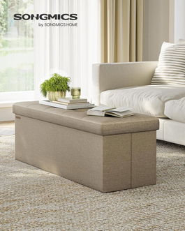 Bancheta cu spatiu de depozitare Mazi, Songmics, 110x38x38 cm, max 300 kg, MDF/imitatie de in, maro camel