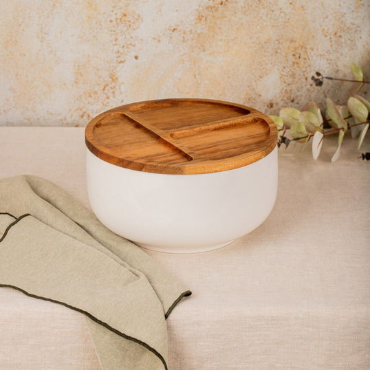 Bol cu capac Mooka, Homla, 24x13.5 cm, ceramica/lemn de salcam, alb/maro