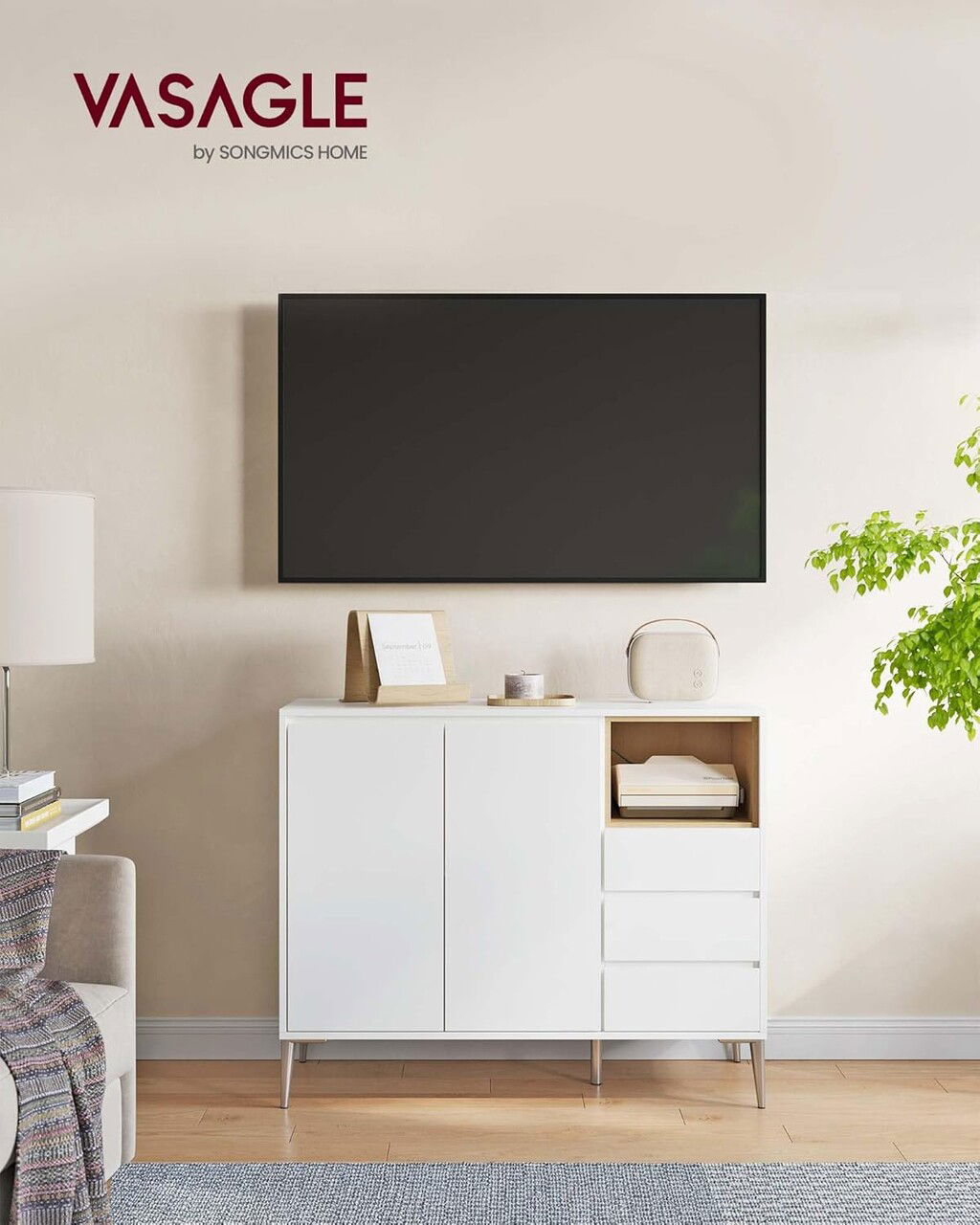 Bufet cu 2 usi si 3 sertare / Comoda Vasagle, 103.5x40x84 cm, MDF/PAL, alb