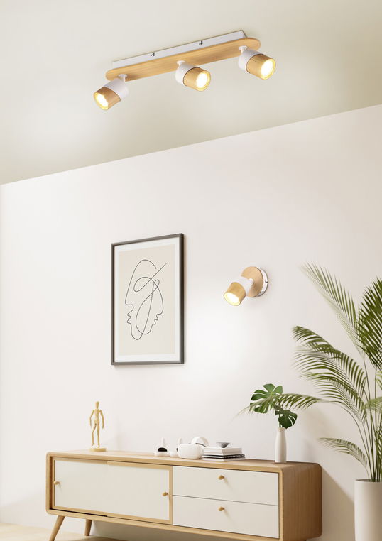 Plafoniera Aruni, TRIO, 48x9x15 cm, 10W, 3x GU10, lemn, natur/alb