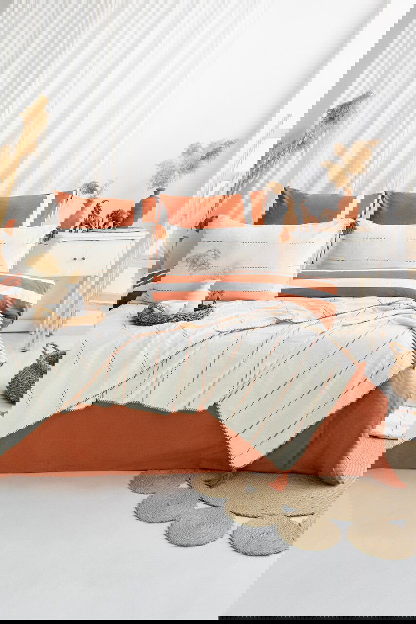 Set cuvertura de pat dubla 3 piese, Eva - Tile Red, Şaheser, Bumbac