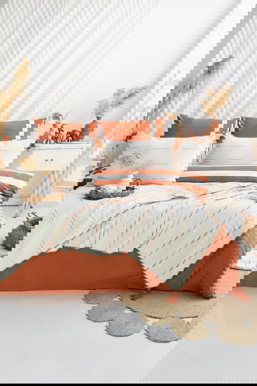 Set cuvertura de pat dubla 3 piese, Eva - Tile Red, Şaheser, Bumbac