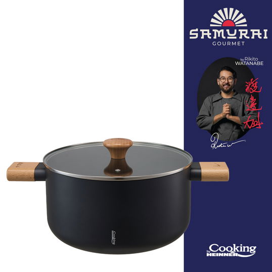 Oala cu capac, Samurai Gourmet by Rikito Watanabe si Cooking by Heinner, 24x12.5 cm, 5.3 L, aluminiu, negru/natur