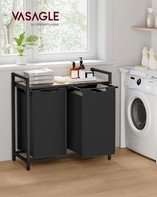 Cos de rufe cu 2 compartimente si raft, Vasagle, 73x33x72 cm, 2 x 46 L, MDF/otel/tesatura Oxford, negru