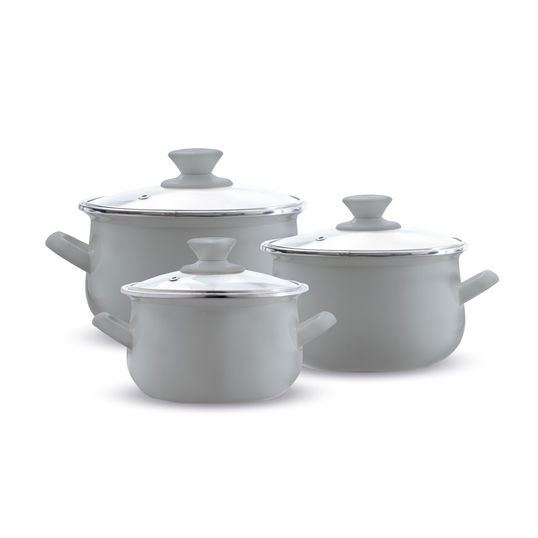 Set oale emailate 6 piese, Emalia Olkusz, 16 cm/18 cm/20 cm, 2 L/2.8 L/3.2 L, otel/sticla, gri