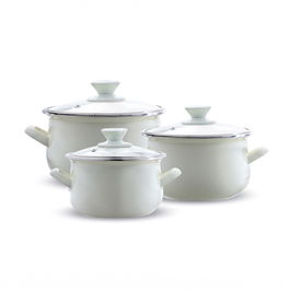 Set oale emailate 6 piese, Emalia Olkusz, 16 cm/18 cm/20 cm, 2 L/2.8 L/3.2 L, otel/sticla, crem