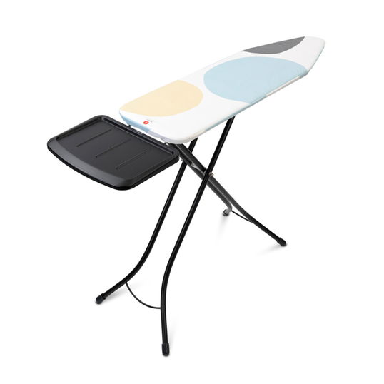 Masa de calcat, Brabantia B, PerfectFlow Spring Bubbles, 124x38 cm, 7 pozitii de reglare, cu suport statie de calcat, otel/bumbac