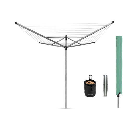 Uscator de rufe rotativ cu 4 brate + cu suport fixare pamant + husa + set carlige rufe, Brabantia, Lift-O-Matic, 50 m capacitate de uscare, otel, gri metalizat