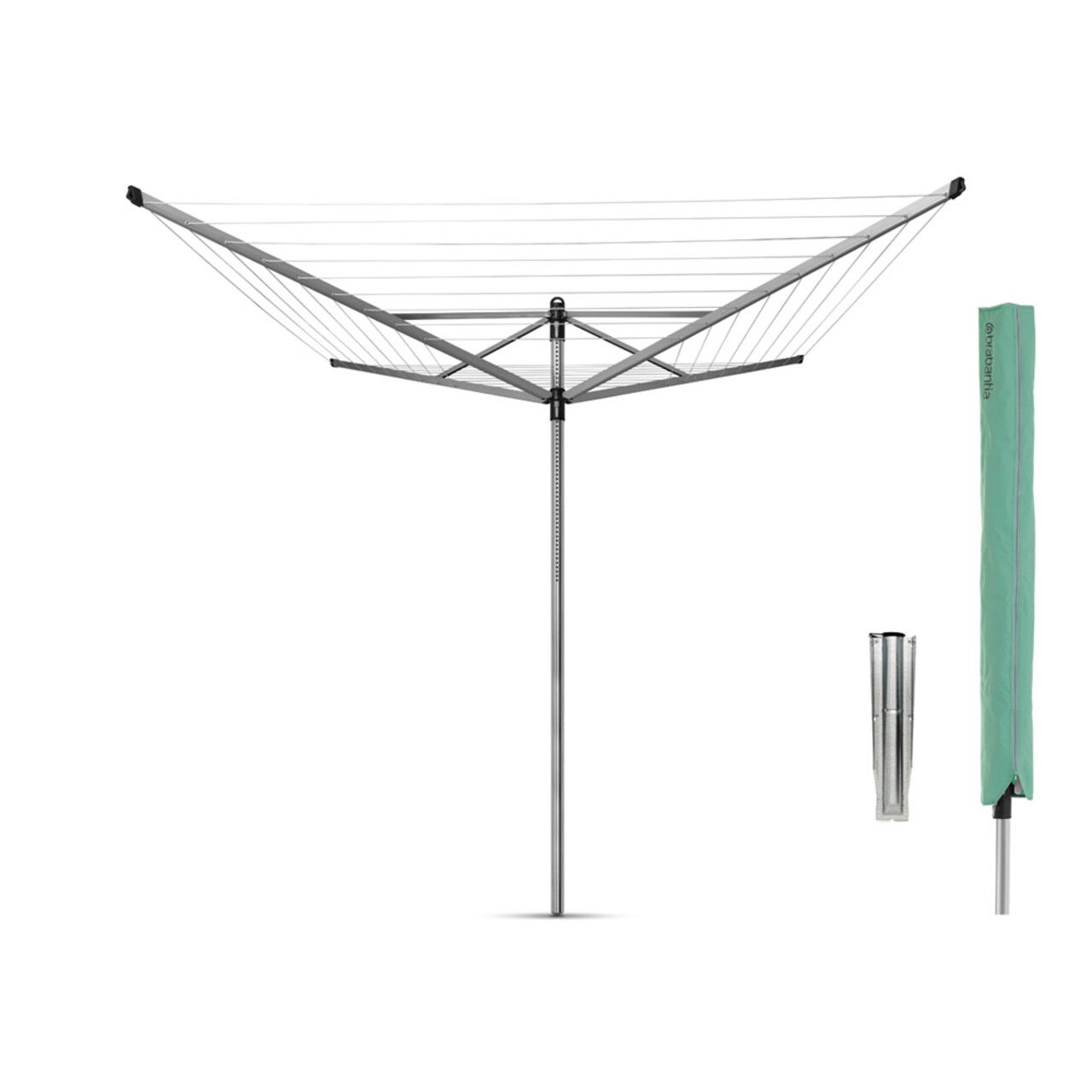 Uscator de rufe rotativ cu 4 brate + cu suport fixare pamant + husa, Brabantia, Lift-O-Matic, 60 m capacitate de uscare, otel, gri metalizat