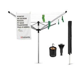 Uscator de rufe rotativ cu 4 brate + cu suport fixare pamant + husa + set carlige rufe, Brabantia, Lift-O-Matic, 60 m capacitate de uscare, otel, gri metalizat