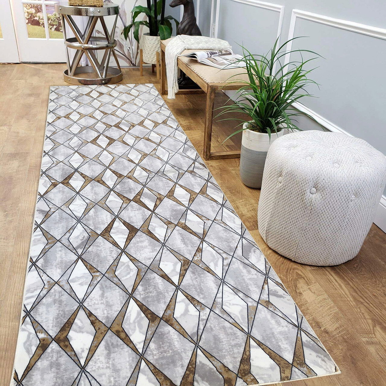 Covor, 1094, 80x200 cm, Poliester, Gri / Auriu