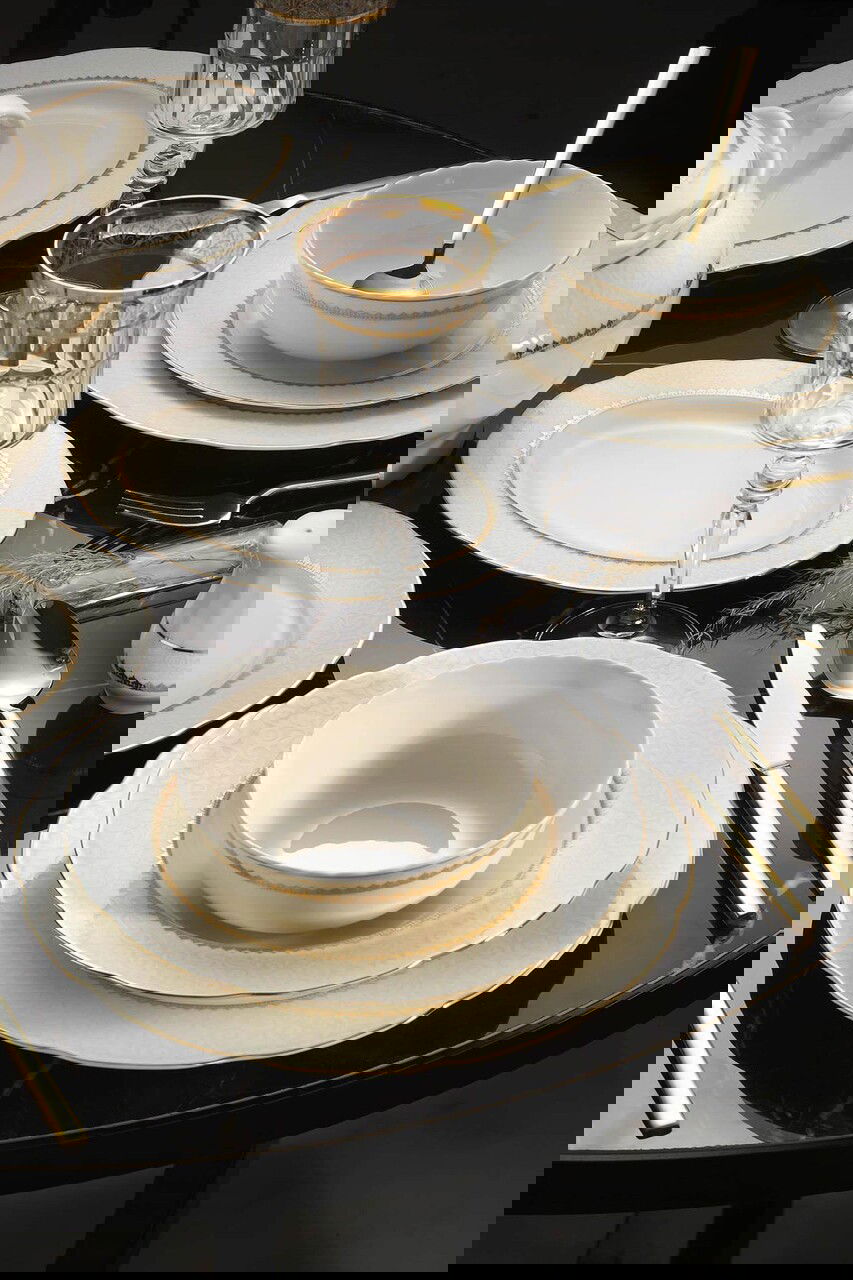 Serviciu de masa 62 piese BNOLY62YT1138021, Kutahya Porselen, ceramica, alb/auriu