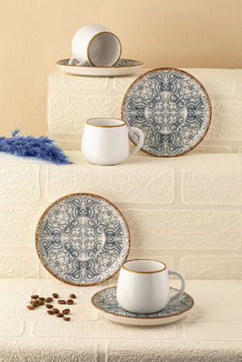 Set cesti de cafea, Hermia, 721NBL3169, Numai farfurii. Se pot spăla în mașina de spălat vase. / Se poate folosi la cuptorul cu microunde., Albastru/Alb