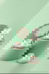 Set cesti de cafea, Hermia, 721NBL3175, Numai farfurii. Se pot spăla în mașina de spălat vase. / Se poate folosi la cuptorul cu microunde., Verde/Alb