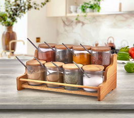 Set recipiente pentru condimente cu suport, Plasberg, 619PLS1106, Plastic, Maro/Mov