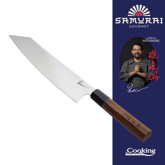 Cutit Gyuto, Samurai Gourmet by Rikito Watanabe si Cooking by Heinner, 23 cm, inox/lemn, maro