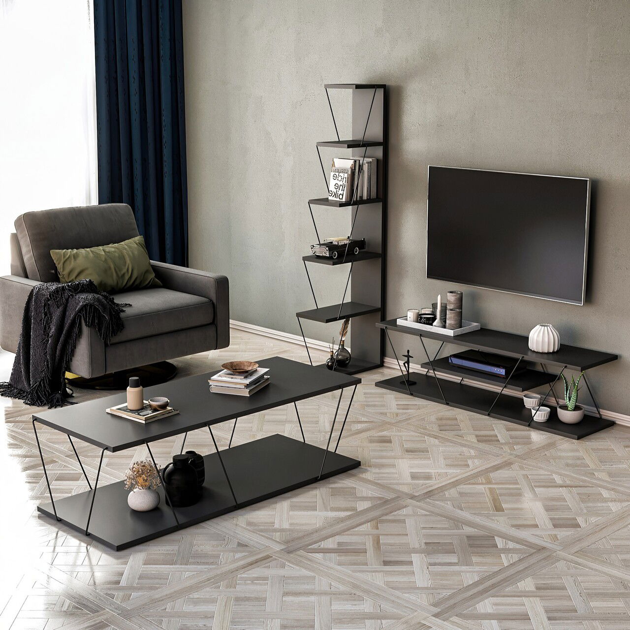 Set mobilier living, Kalune Design, Epsilon, PAL, Antracit / Negru