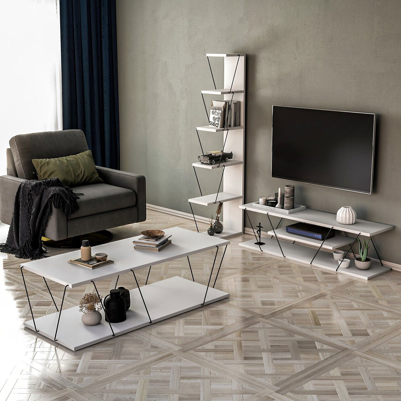 Set mobilier living, Kalune Design, Epsilon, PAL, Alb/Negru