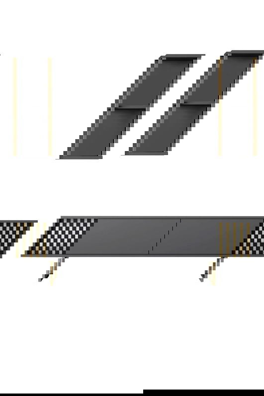 Comoda TV, Bexley, Gold Line, 180x30x48 cm, PAL, Antracit / Negru