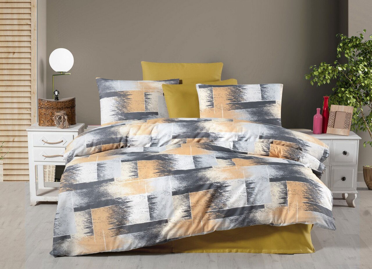 Lenjerie de pat pentru o persoana, L'essentiel Maison, Shadow, Muștar / Antracit / Alb / Somon