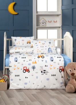 Lenjerie de pat pentru copii, L'essentiel Maison, Happy Farm, White / Blue / Grey / Yellow