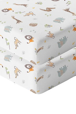 Set cearceaf de pat cu elastic pentru copii, L'essentiel Maison, Junge Jungle, Muștar / Maro / Gri