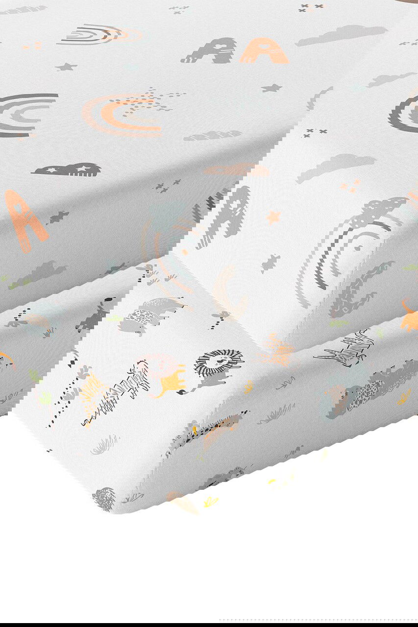 Set cearceaf de pat cu elastic pentru copii, L'essentiel Maison, Jungle Abc, Portocaliu / Maro / Mentă