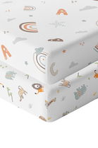 Set cearceaf de pat cu elastic pentru copii, L'essentiel Maison, Jungle Abc, Portocaliu / Maro / Mentă