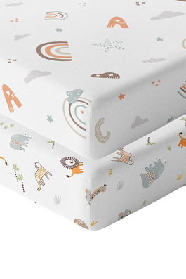 Set cearceaf de pat cu elastic pentru copii, L'essentiel Maison, Jungle Abc, Portocaliu / Maro / Mentă