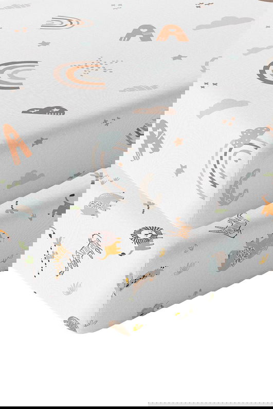 Set cearceaf de pat cu elastic pentru copii, L'essentiel Maison, Jungle Abc, Portocaliu / Maro / Mentă