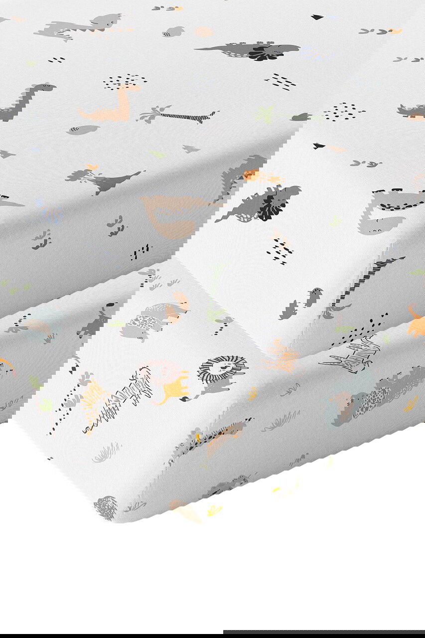 Set cearceaf de pat cu elastic pentru copii, L'essentiel Maison, Jungle Dinozor, Muștar / Maro / Gri