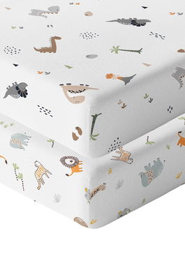 Set cearceaf de pat cu elastic pentru copii, L'essentiel Maison, Jungle Dinozor, Muștar / Maro / Gri