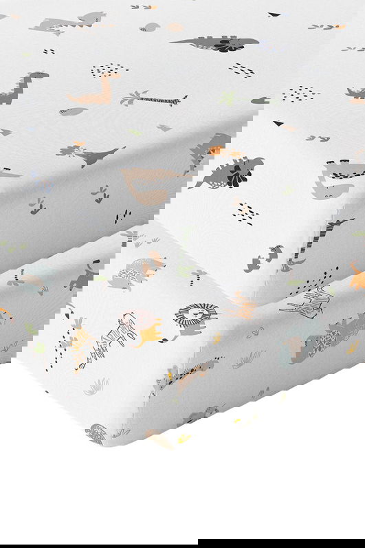 Set cearceaf de pat cu elastic pentru copii, L'essentiel Maison, Jungle Dinozor, Muștar / Maro / Gri