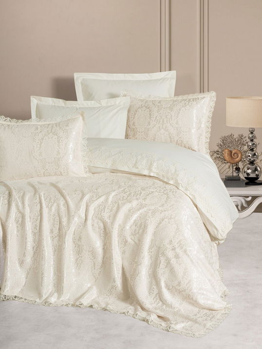 Set lenjerie de pat si cuvertura dubla Ranforce, L'essentiel Maison, Silva, Crem