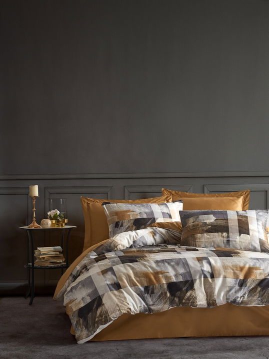 Lenjerie de pat dubla, L'essentiel Maison, Gino, Auriu / Alb / Gri