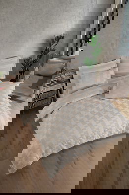 Lenjerie de pat dubla 3 piese, L'essentiel Maison, Kareli Saten, Bumbac;Poliester, Bej