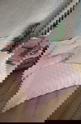 Lenjerie de pat dubla 3 piese, L'essentiel Maison, Kareli Saten, Bumbac;Poliester, Roz pudra