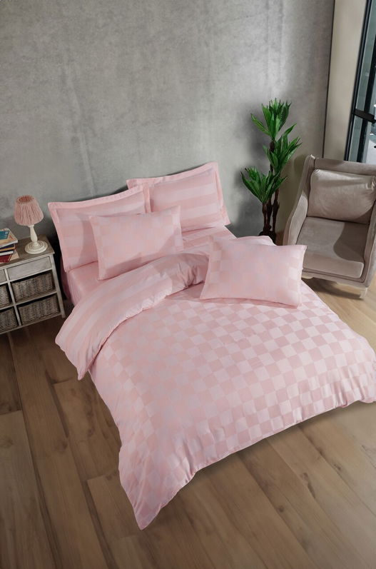 Lenjerie de pat dubla 3 piese, L'essentiel Maison, Kareli Saten, Bumbac;Poliester, Roz pudra