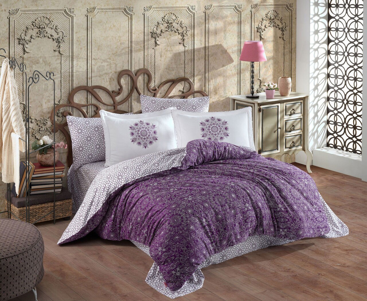 Lenjerie de pat dubla, L'essentiel Maison, Marcella, Liliac / Alb