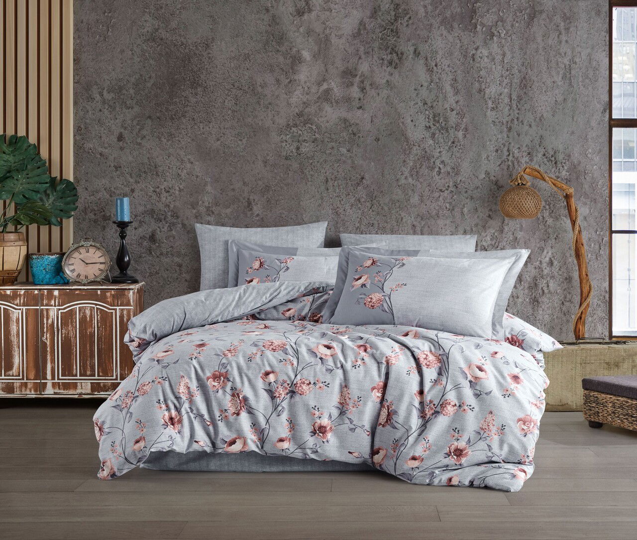 Lenjerie de pat dubla 4 piese, L'essentiel Maison, Benita, Gri