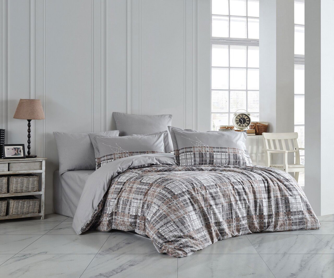 Lenjerie de pat dubla 4 piese, L'essentiel Maison, Lucia, Gri