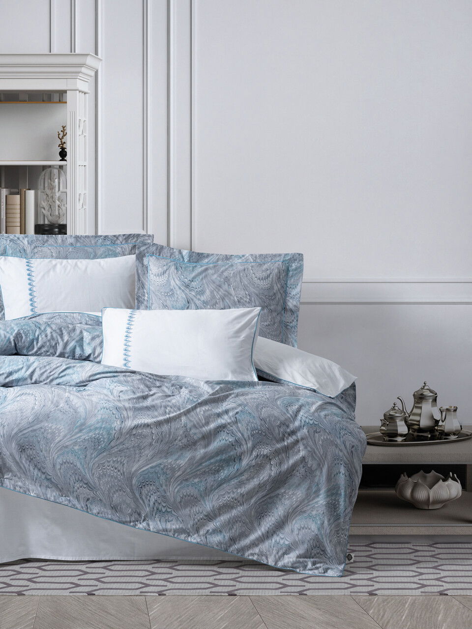 Lenjerie de pat dubla, L'essentiel Maison, Stilla, Albastru/Alb