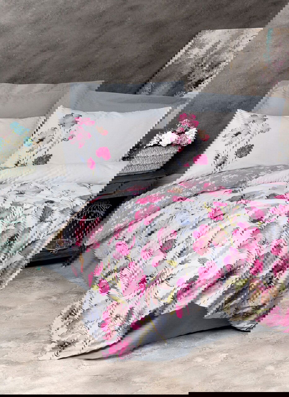 Lenjerie de pat pentru o persoana, L'essentiel Maison, Carla, Gri / Alb / Roz