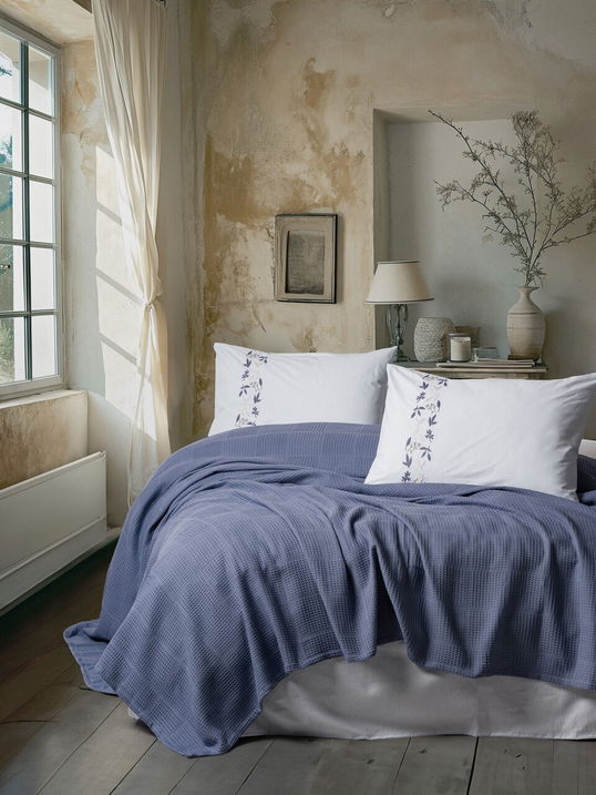 Set cuvertura pique dubla, L'essentiel Maison, Cora, Albastru indigo