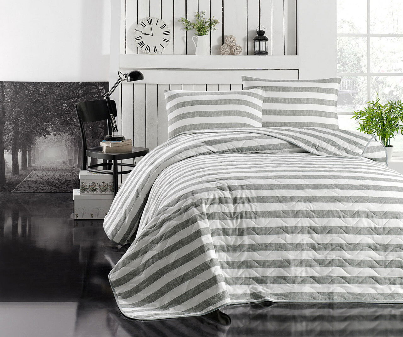 Set cuvertura Single 160x220 cm, 2 piese, L'essentiel Maison, Hook, 65% bumbac/35% poliester, Gri/Alb