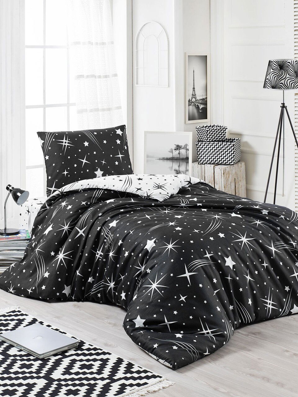 Lenjerie de pat pentru o persoana, L'essentiel Maison, Halley, 65% bumbac/35% poliester, Alb/Negru